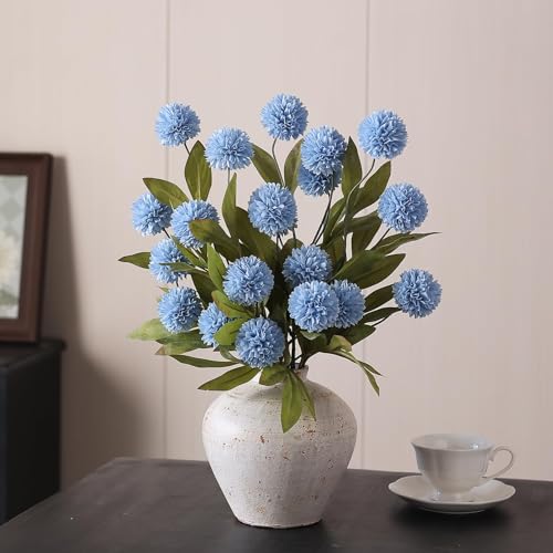 VIERENA 6 Pcs Faux Silk Pompon Mum Artificial Flowers for Vase -27", Bulk Fake Chrysanth Branches with Stems for DIY Bouquet Centerpieces Wedding Fillers Arrangements Shower Decorations (Dusty Blue) - color: Dusty Blue