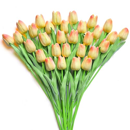 30 PCS Artificial Tulips Real Touch Tulips 13.5inch Long Stem Fake Flowers Silk Flowers for Spring Easter Mother's Day Decorations（Champagne+Pink） - color: Champagne+pink