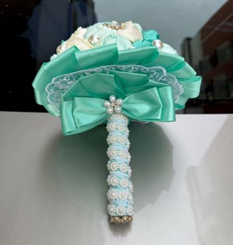 Mint Green and Ivory Bridal Wedding Bouquet with Rhinestone Brooch Pearl Bouquet for Bride Bridesmaid Quinceanera Satin Rose Flower Bouquet Wedding 9.5in - color: Mint Green & Ivory, size: Diameter: 9.5 inches