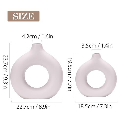 White Ceramic Vase Set of 2 Donut Home Decor Modern Farmhouse Round Matte Boho Style Living Room Table Room Pottery Small Vases for Dried Flowers - color: Vt11 White