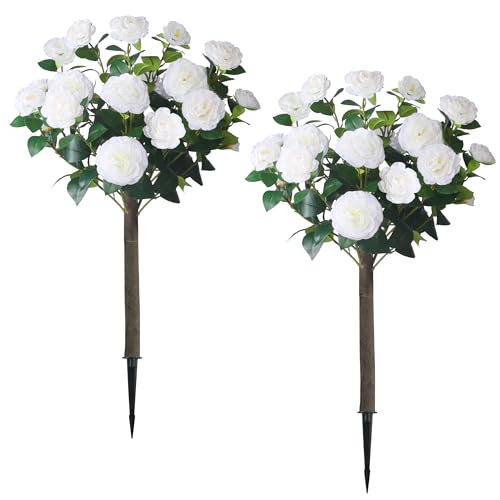 Sunnyglade 35.5" Set of 2 Artificial Camellia Tree, Faux White Camellia Flowers Plant with Spike Fake Silk Flora Topiary Plants Tree for Indoor, Garden, Yard, Porch, Patio Decoration - color: White