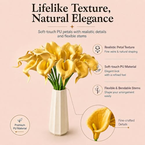 Mandy's 20pcs Gold Calla Lily Artificial Flowers | 13.5 Inch PU Realistic Bouquet for Vase Elegant Home Decor Centerpiece Wedding Bridal Bouquet Table Decoration - color: Gold