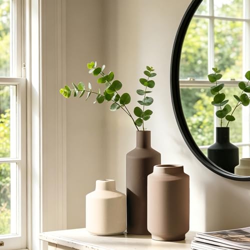 Ceramic Vase Set of 3 Terracotta Brown Beige, Modern Small Flower Vases for Home Decor, Boho Farmhouse Rustic Decorative Vases for Living Room Table Shelf Kitchen Bedroom Centerpieces - color: Multi 3q