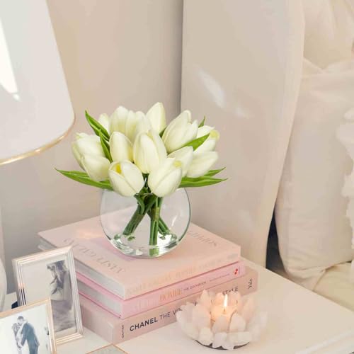 DILATATA Artificial White Tulips in Vase with Faux Water 6" Real Touch Flowers Fake Tulips Small Flowers Arrangement in Round Glass Vase for Mother's Day Table Centerpiece Wedding Home Decor - color: Round Vase/White/1 Set
