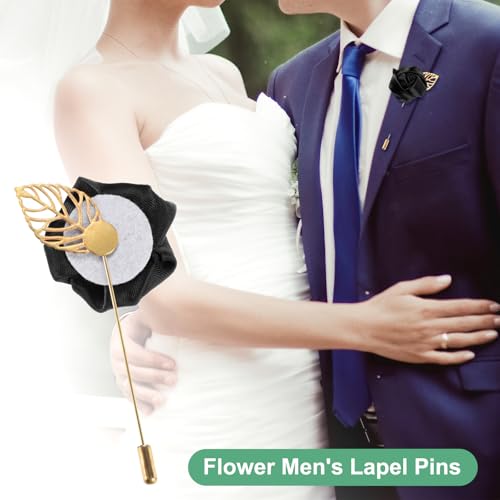 M METERXITY 12-Pack Flower Lapel Pins for Men, Golden Leaf Rose Boutonnieres Pin for Wedding/Dance/Party, Mens Lapel Pins for Suits Satin Flower Corsage Hat Pins [Black] - color: Black