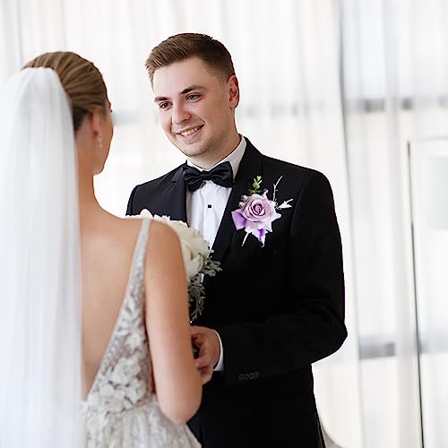 Wrist Corsage and Boutonniere Set for Bride Groom Bridesmaids Groomsmen Wedding Homecoming Flowers Prom Suit Accessories, Rose Boutonniere and Corsage Wristlet Flower - color: Big-purple