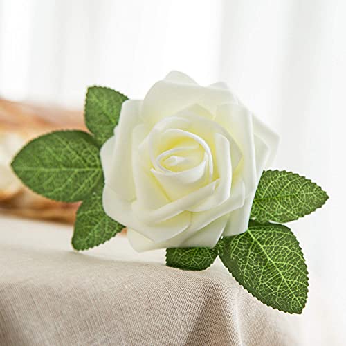 25pcs Artificial Flower Foam Rose Real Touch Roses Flower Heads with Stem for DIY Wedding Bouquets Centerpieces Arrangements Party Baby Shower Home Decor (Ivory) - color: Ivory