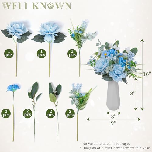 WELL KNOWN Artificial Flower Bouquet, Spring Blue Fake Flowers for Vase, Silk Faux Flowers DIY Table Centerpieces for Wedding, Dining Room, Graduation, Babyshower, Farmhouse Decor & Gift (Blue) - color: Spring Blue