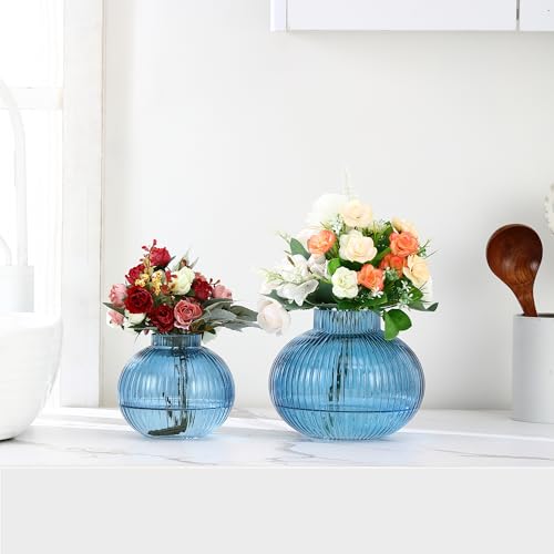 Blue Glass Vases for Tulips, Set of 2, Flower Vases for Bouquet, Ribbed Glass Vase for Flowers, Short Vase for Living Room, Office, Coffee Table, Shelf, Wedding - color: Blue, size: Round+Medium