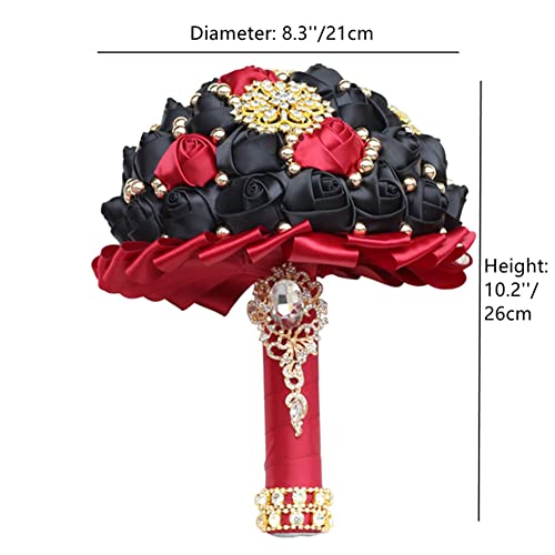 Burgundy & Black Bridal Wedding Bouquet, Luxury Gold Rhinestone Brooch, Satin Rose Artificial Flower, 8.3in - color: Burgundy & Black, size: Diameter: 8.3 inches