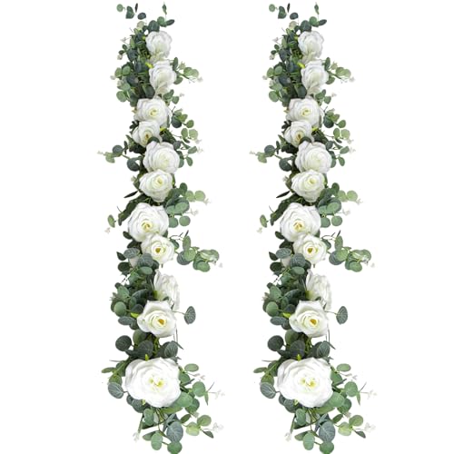 6FT Artificial Eucalyptus Garland with 14 Fake White Rose Flowers - Floral Greenery Decoration Vine for Wedding Centerpieces, Table Runner, Backdrop, Arch Wall Decor,Indoor/Outdoor (2 PCS) - size: 2 Packs