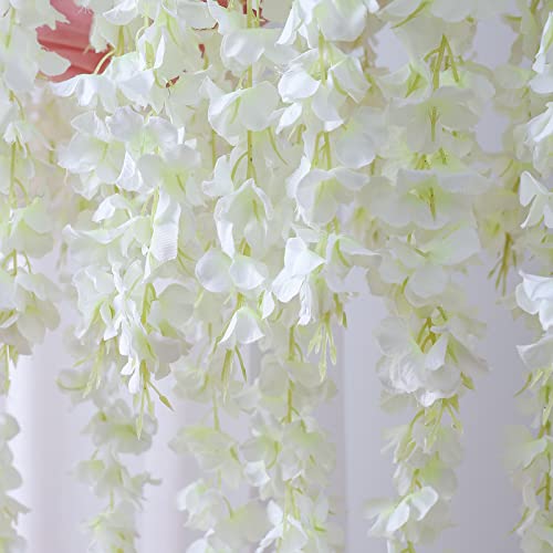 Duovlo 12 Piece Artificial Silk Wisteria Vine 3.6 Feet Ratta Hanging Flower Garland String Home Party Wedding Decor (White) - color: White