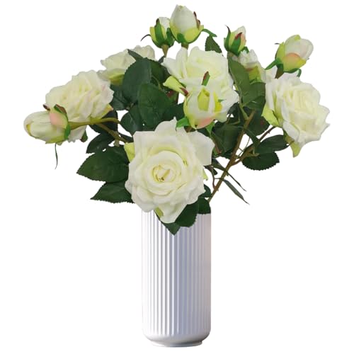 ATFL Ivory White Flowers, Ivory Roses,6 Pcs Faux Silk Real Touch Moisturizing Artificial Rose Flowers for Decoration DIY, Wedding Party, Home Office Decoration and Dining Table Centerpiece (6, White) - color: White