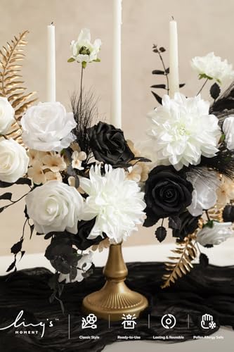 Ling's moment Fake Flowers Box, Faux Artificial Greenery Stems Foam Roses Silk Dahlia Hydrangea Eucalyptus Fabic Flower for Centerpieces Bouquet Wedding Vase, White & Black & Golden, Deluxe Combo - color: Wht-white & Black & Golden, size: Deluxe