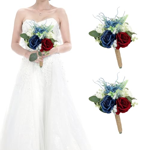 Set of 2 Bridesmaid Bouquets for Wedding - 7 Inch Artificial Flowers Bouquets for Ceremony Anniversary Centerpieces Decorations - Burgundy & Navy Blue & White - color: Burgundy & Navy Blue, size: Set of 2 Bridesmaid Bouquets