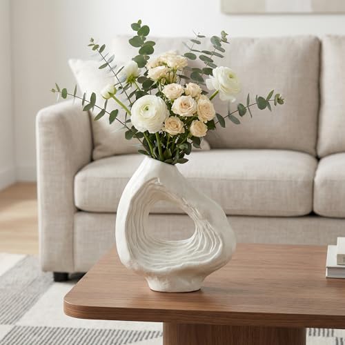 Sunddo Donut Vase - 9 Inch White Ceramic Vase for Home Decor - Modern Minimalist Decorative Vase for Flowers, Boho Decor, Living Room, Fireplace, Bathroom, Table Centerpiece - color: White, size: 9 inch