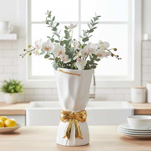 11 Inch White Ceramic Vase with Bow - Modern Boho Vase for Pampas Grass, Tall Decorative Vases Home Decor, Entryway Table, Living Room, Wedding Centerpiece - color: White, size: 11 inch