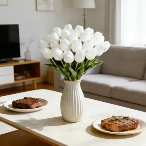 20Pcs White Artificial Tulips Flowers - 13.5" Tall Real Touch Fake Tulips for Spring Home Decor Wedding Centerpiece DIY Bouquet & Outdoor Garden Decoration