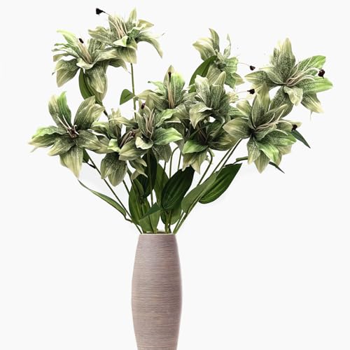 Artificial Lily Flowers, Vintage Fake Silk Flower Long Stems Stargazer Lilies Real Touch Faux Plants Tiger Bouquets for Home Decor Indoor Wedding Party Floral Arrangement DIY Decoration - Green 4 Pack - color: Lily Flowers - Green 4 Pcs