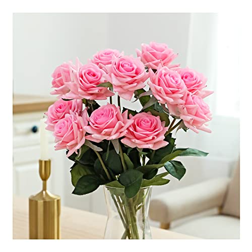 ZMZQ&flw Pink Roses Artificial Flowers 12PCS, Real Touch Silk Flowers, Realistic Single Fake Flower with Individual Stems Leaves - color: Pink 12pcs
