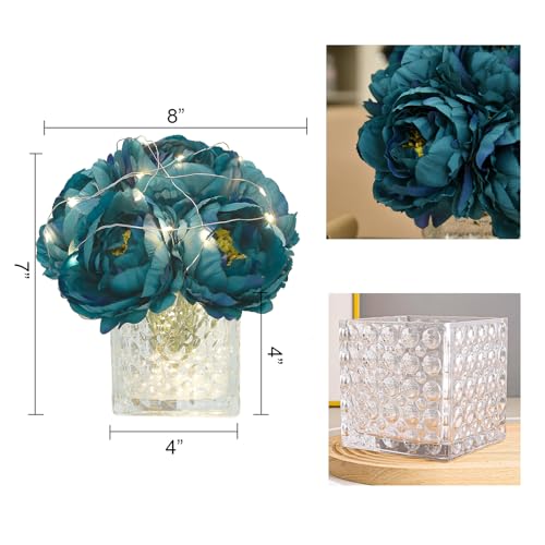 Artificial Peony Silk Flower Centerpieces with LED Light Faux Floral Arrangement in Glass Vase for Home Wedding Table Decoration (Peacock Blue) - color: Light-peacock Blue