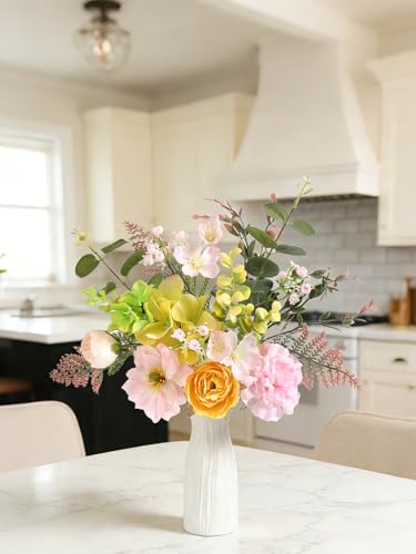 Small 11.8" Artificial Flowers in Ceramic Vase - Yellow Pink Silk Flower Centerpiece for Dining Table, Office, Wedding & Farmhouse, Home Decor Gifts - color: Yellow Pink