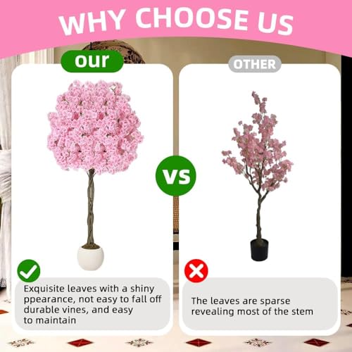 6Ft Artificial Cherry Blossom Tree, Pink Silk Flowers with Natural Wood Trunk, Realistic Fake Tree in Decorative Pot for Home Decor Indoor, Living Room, Office, Wedding, Spring Decoration