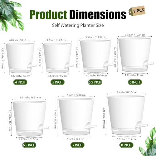 Plant Pots 4/5/5.5/6/6.5/7/8 Inch Self Watering Pots, 7 Pack Plastic Planters with Drainage Holes and Clear Saucers,Plastic Flower Pots,Nursery Planting Pot for Indoor Out Door Plants(White) - color: White, size: 4/5/5.5/6/6.5/7/8 inch