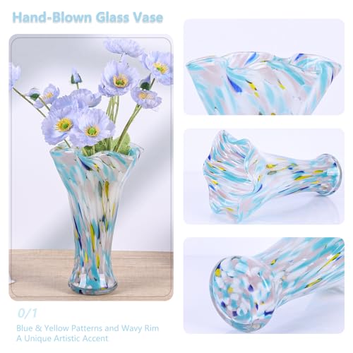 9.0" H Blue Glass Vases for Flowers, Unique Hand Blown Glass Vase Blue Home Decor, Wide Mouth Colorful Flower Vase Centerpieces, for Living Room Table Bookshelf, Bathroom Office Shelf Decorative - color: Multicolor Blue