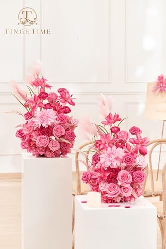 TINGE TIME Free-Standing Artificial Flower Set of 2, Table Centerpiece with Rubber Pad, Silk Fake Flower for Wedding Centerpiece Archway Aisle Welcome Entrance (Hot Pink) - color: Hot Pink