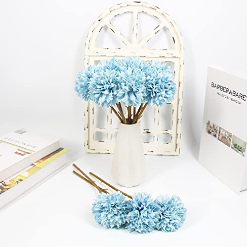 Tinsow 12 Pcs Artificial Flowers Faux Ball Chrysanthemum Bouquet Silk Light Blue Flowers Bridal Wedding Bouquet for Home Easter Party Wedding Decoration (Light Blue, 12) - color: Light Blue