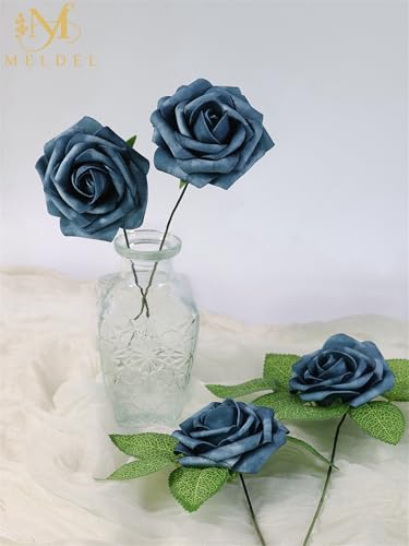 Artificial Flowers 50 Pack Dutch Blue Faux Foam Roses with Stems, Real Looking Fake Rose for DIY Wedding Bouquets, Bridal Shower Centerpieces, Party Table Decorations, Home Decor - color: Dutch Blue & Dusty Blue, size: 50Pcs
