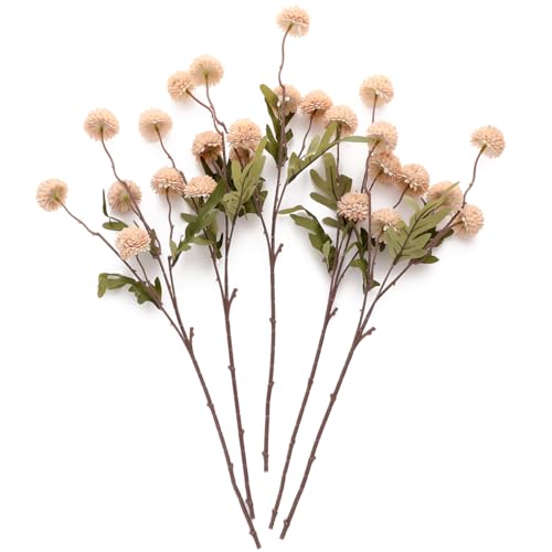 Laelfe Artificial Pompon Mum, 5Pcs Fake Kiku Flowers Silk Small Mini Chrysanthemum Ball Faux Mum Decor for Vase Filler DIY Bouquet Centerpieces Arrangements Shower(Beige) - color: Beige