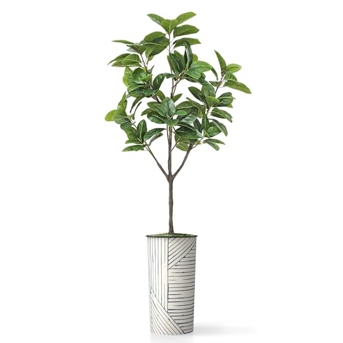 Artificial Tree in Geometric Pattern Planter, Fake Magnolia Tree for Indoor and Outdoor Home Decoration - 70" Overall Tall (Plant Pot Plus Tree) - style: Magnolia Tree