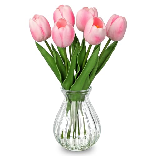 Artificial Tulips Flowers in Glass Vase - 6 Pcs Faux Flowers in Vase with Faux Water 12.5" Fake Tulips Bouquet Floral Arrangement Centerpiece for Dining Table Home Wedding Office Decor, Peach Pink - color: Peach Pink