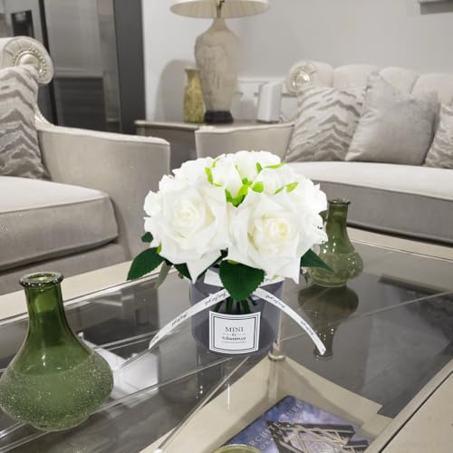 XIAYAN Artificial Flower and Glass vase, Silk Rose Flower Glass Bottle Set, Suitable for Living Room, Dining Table, Office, Wedding, Hotel Banquet and Family Decoration. (White)……… - color: Ivory
