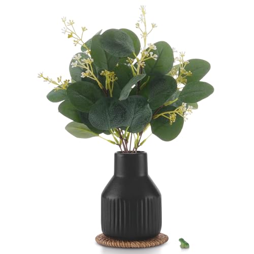 Artificial Eucalyptus Greenery Stems in Ceramic Vase,10Pcs Fake Plants Eucalyptus Leaves faux Plants for Centerpiece Table Decorations Home Room Decor office desk decor Greenery Decor indoor (Black) - color: Black