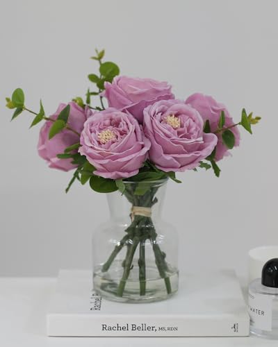 CHASMILE Artificial Flowers with Pinkish-Purple Peonies in Vase, Fix Lifelike Fake Flowers in a Vase with Artificial Water, Faux Flower Arrangements for Dining Table Centerpiece Decor - color: Purple Artificial Peonies Flowers With Vase