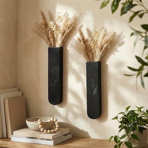 Wood Wall Vase Set of 2, 11.6 x 2.52 x 1.37 inch for Dried Flowers and Faux Greenery Plants for Bathroom,Kitchen,Farmhouse,Dining Room Wall Decor （Black - color: Black