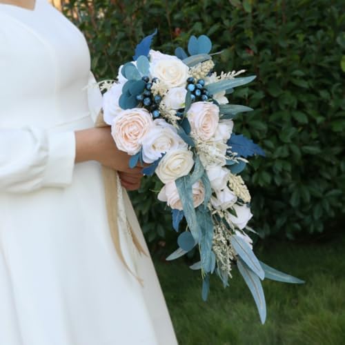 10.2 Inch Cascading Bridal Bouquet Waterfall Cascade Bridal Wedding Bouquet for Bride Rustic with Artificial Champagne Rose Flower and Peacock Blue Leaves - color: Champagne Rose & Peacock Blue Leaves