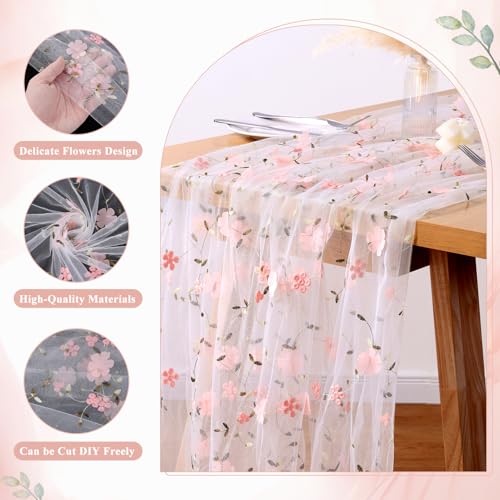 4 Pack Embroidery Floral Table Runner Rustic Spring Summer Wildflower Tulle Table Runner Vintage Flower Kitchen Dining Tabletop Runners Decoration for Home Wedding Party, 108x24.5 Inch (Pink Flowers) - color: Pink Flowers-4, size: 108*24.5 inch