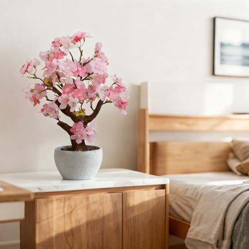 TOARTi Artificial Pink Cherry Blossom Potted Plant with Stone Pot, 13.4" Tall Fake Flowers Faux Plant Desk Decor, Realistic Decorative Plants Indoor Decor for for Home Bedroom Bathroom Office Desk - color: Pink Cherry Blossoms 13.4''