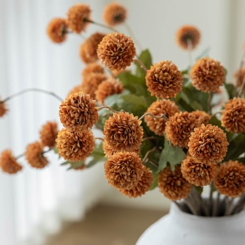 mizii 6Pcs Orange Fake Silk Pompon Mum Artificial Flowers Bulk Small Faux Chrysanthemums with Stems Floral Decorations for Wedding DIY Bouquet Centerpieces Shower Vase Home Decor (Burnt Orange) - color: Burnt Orange