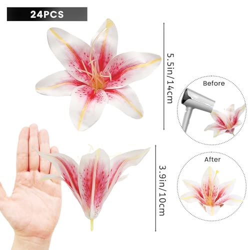 SNAIL GARDEN 24PCS 5.5" Large Fake Lilies Flower Heads with Realistic Stamens,24PCS Pink Artificial Flower Heads, Bulk Silk Flowers for Crafts, Cake Decorating, Wedding Party Wreath, Home Decor