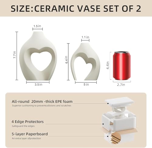 Zormon White Vases for Decor, Heart Shaped Ceramic Vase Set of 2, Nordic Heart Shaped Vases, Minimalist Decorative Vase for Table Centerpiece Wedding Dining Living Room Office House Decoration - color: Pearl White