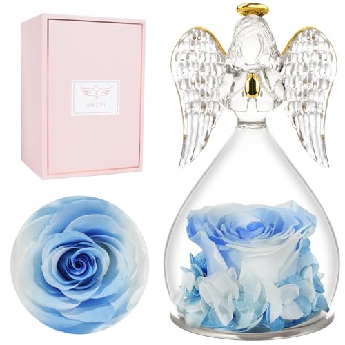 Miofula Gifts for Mom Birthday Gifts for Women, Preserved Flowers Rose in Glass Angel Figurines, Fresh Flowers for Delivery Anniversary Forever Real Roses Gifts for Mothers Grandma Her Wife Girlfriend - color: White+blue