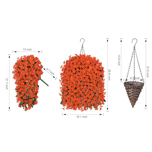 HyeFlora Artificial Fake Hanging Flowers Plants Baskets for Winter Christmas Outdoor Outside, Faux Silk Orange Daisy in Planter UV Resistant Orchid for Home Porch Garden Yard Patio Decor - color: Orange Daisy