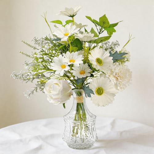 Daily Treasures Artificial Flowers with Vase, Large Mixed White Bouquet Realistic Fake Flowers, Glass Vase Included, Faux Floral Arrangement with Allium Rose Chrysanthemum Daisy for Home Decor