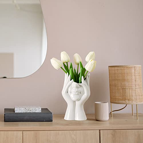 Ceramic Face Vase, White Flower Vases for Decor Female Form Head Half Body Vase Boho Unique Decorative Modern Style for Home Living Room Office Book Shelf (Medium) - color: C(medium)