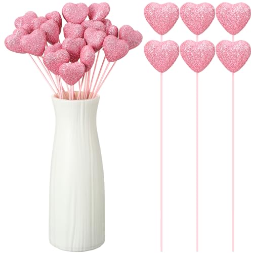6 Pcs Glitter Foam Hearts Sticks Foam Heart Picks Sparkly Hearts Stems Puffy Heart Wooden Picks for Wedding Decorations Flower Arrangements Crafts (Pink) - color: Pink, size: 6 Pcs